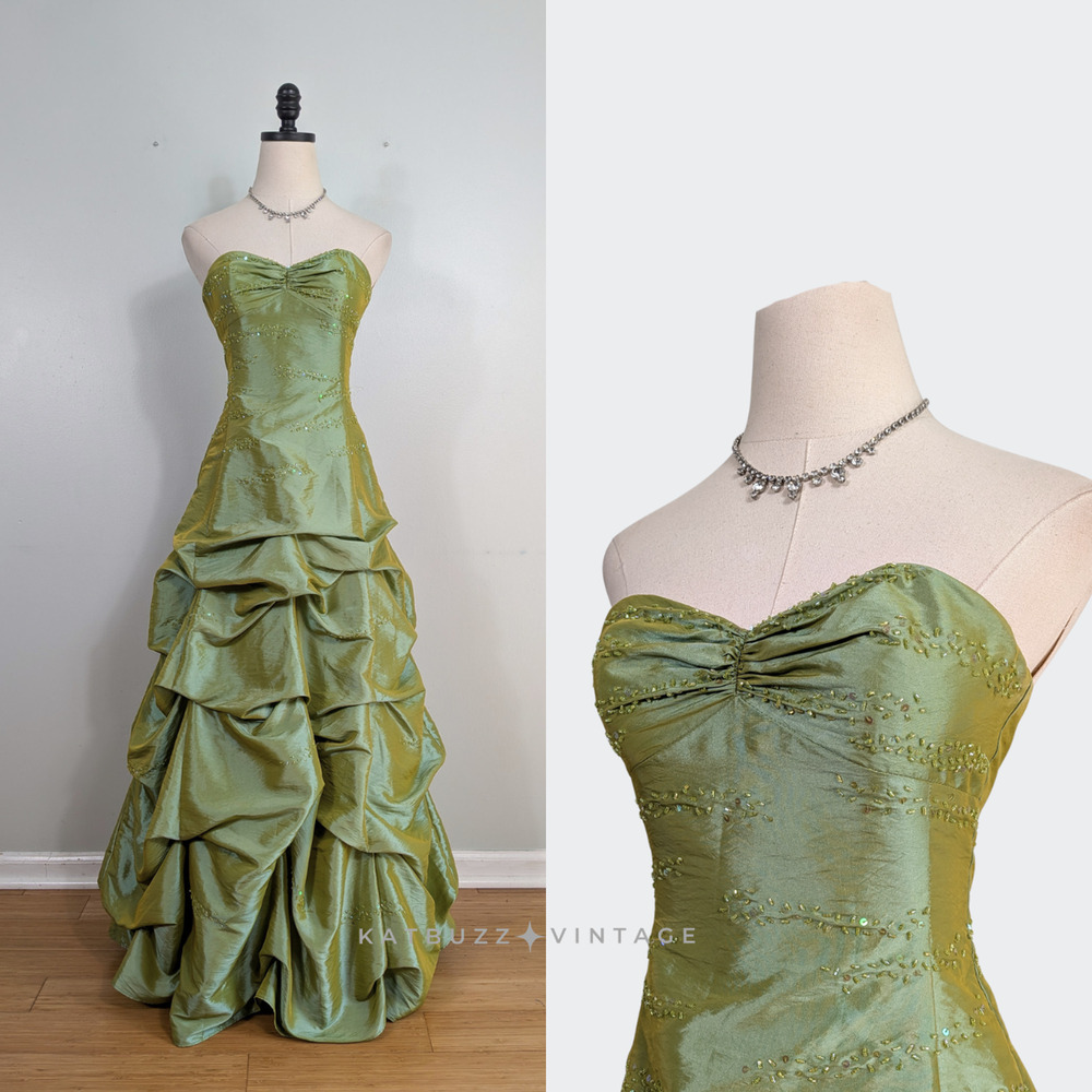 Vintage Prom Dress Maxi Gown XS Green Y2K Glam Princess Bead Bubble Ball Formal
